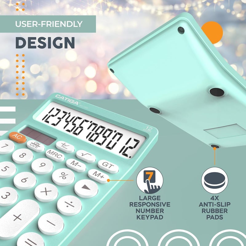 CATIGA 12 Digit Desktop Calculator Basic Desk Calculator with Large LCD Display, Big Buttons, 4 Function, Solar and Battery Dual Power, for Office, School, Home, SD-1292 Fresh Blue - Image 2